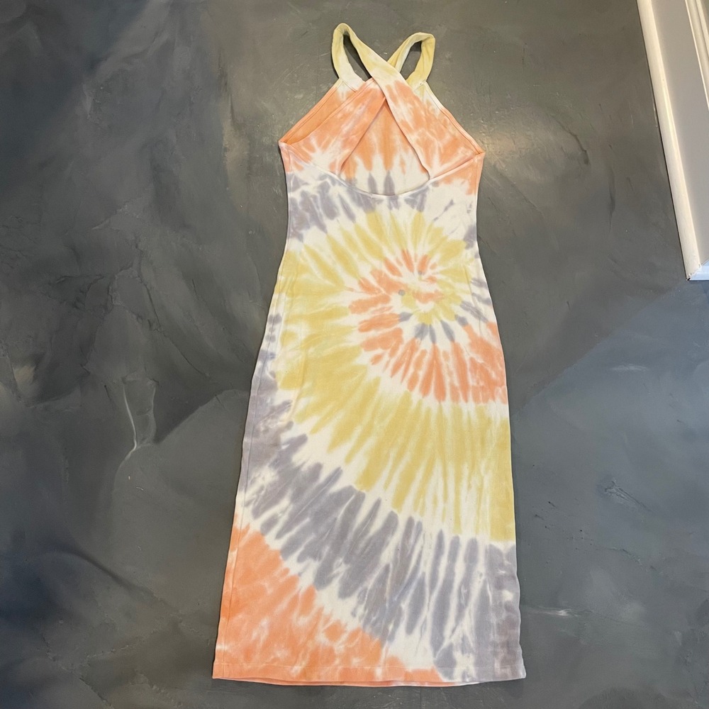 Young Fabulous & Broke Tie Dye Halter Ribbed Midi Dress Orange Yellow M Beach - Picture 5 of 7